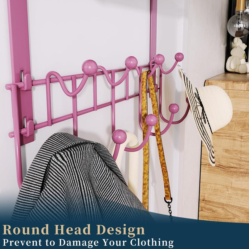 Consumest Over The Door Hooks Organizer - Extra Long Door Hanger with 9 Coat Hooks & 2 Mesh Basket, Back Storage Organizer Hanging Towels for Bathroom, Bedroom - Pink (for 1.76 in Doors) - Image 4
